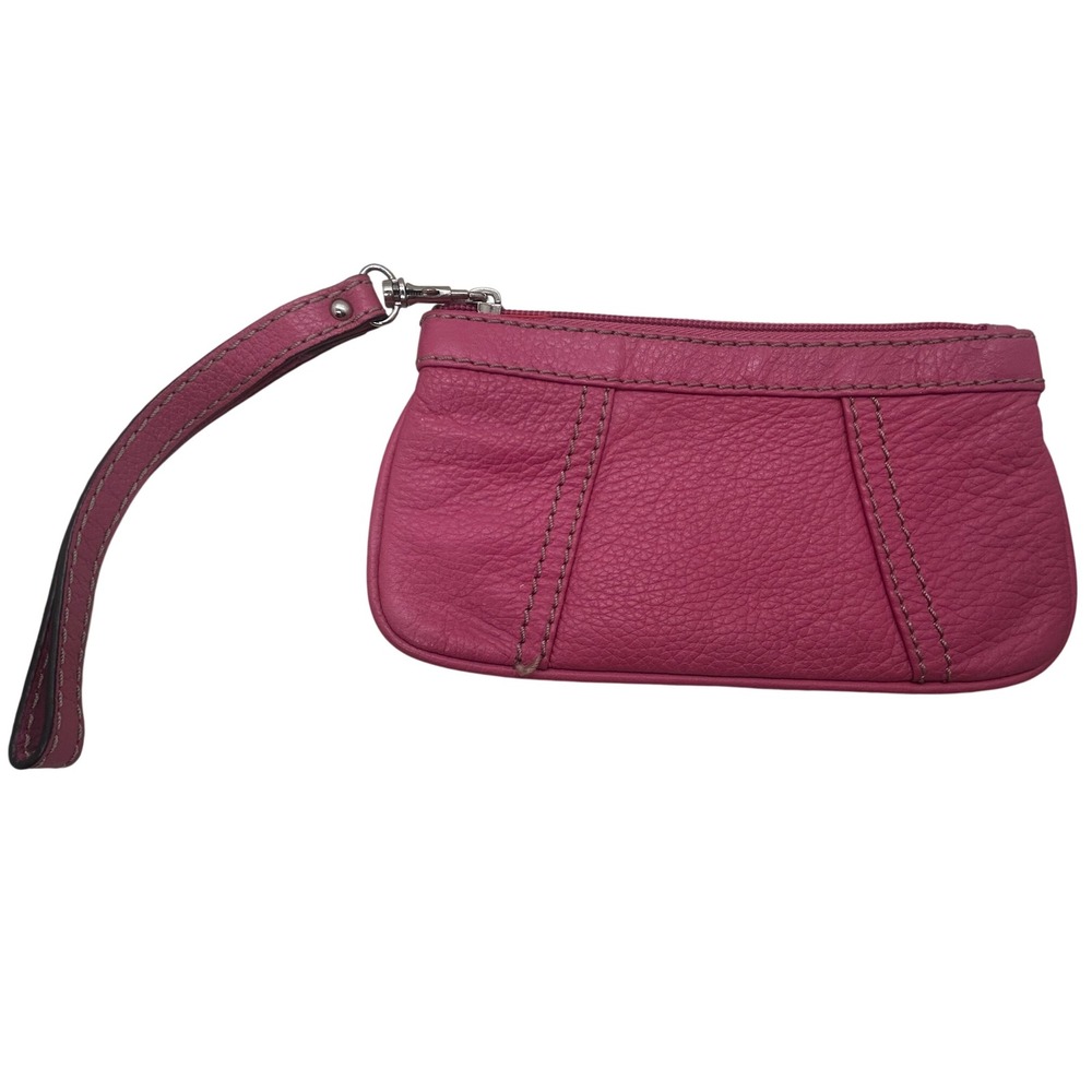 Tignanello Pink Pebbled Leather Wristlet Pouch Silver Hardware Chain Print